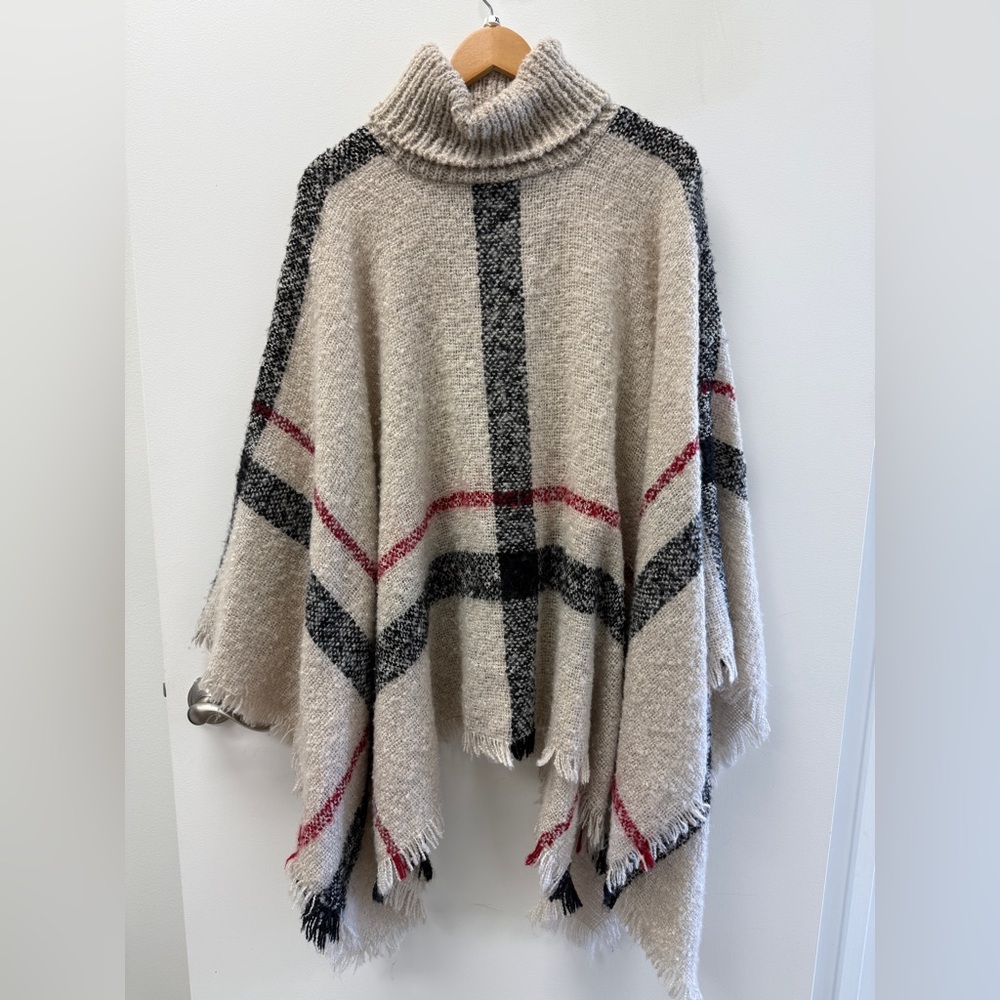 Plaid Turtleneck Poncho Sweater - Beige and Black